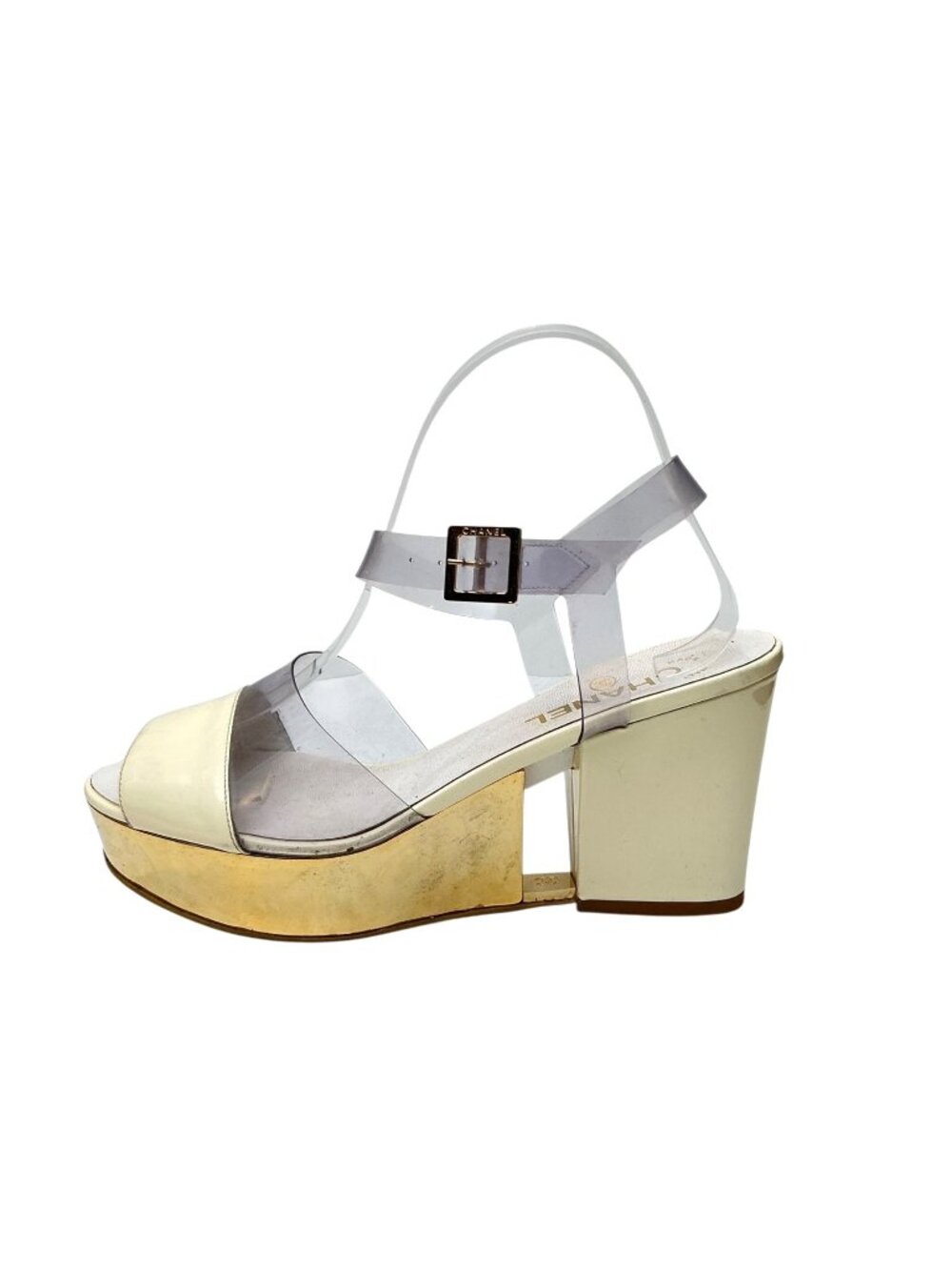 CHANEL Vintage Gold Wedge Platforms With PVC Straps sz 9.5 - Picture 6 of 16